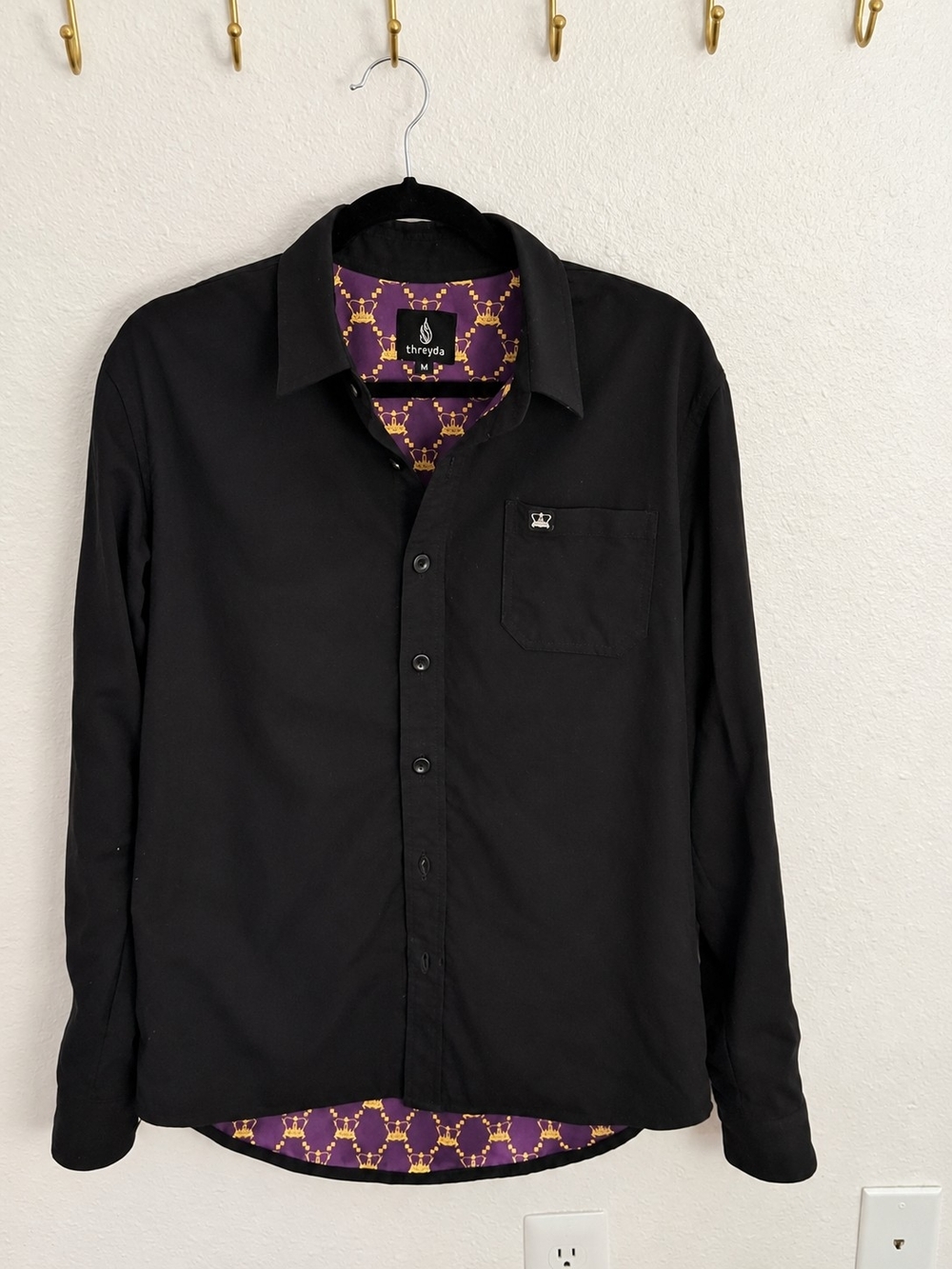 Threyda Eminence Black Lined Button Down Shirt Size Medium M Satin Art Interior